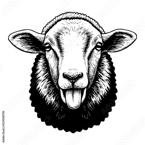 Funny Cute Sheep Face with a Tongue Out Black and White Outline Line Art Drawing