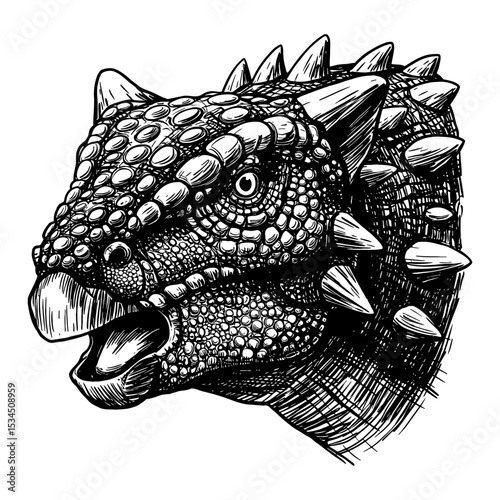 Ankylosaurus Head Portrait Detailed Prehistoric Dinosaur Creature Black and White Outline Line Art Drawing