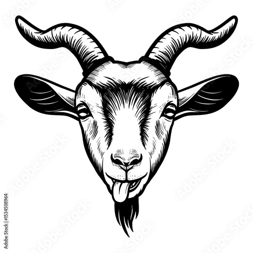 Cute Funny Black Goat Head Face with Tongue Sticking Out Humorous Black and White Outline Line Art Drawing
