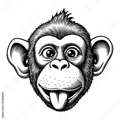 Cute Monkey Face with Tongue Out Funny Prank Black and White Outline Line Art Drawing