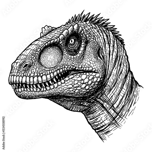 Giganotosaurus Head Portrait Black and White Outline Line Art Drawing with Detailed Scales and Texture