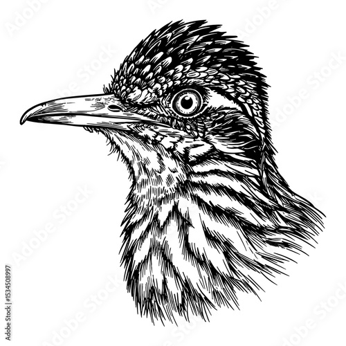 Lesser Roadrunner Geococcyx Velox Head Portrait Black and White Outline Line Art Drawing