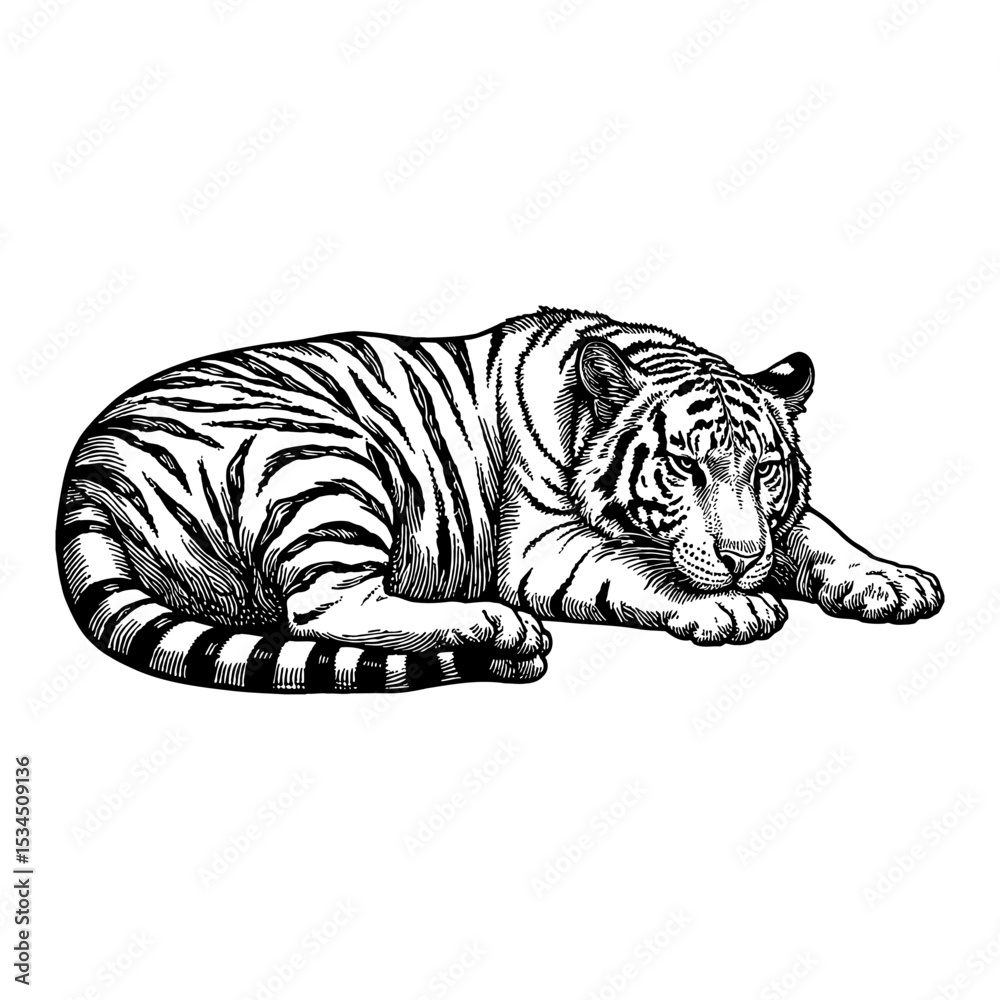 Fototapeta premium Sleeping Lying Tiger Cub Black and White Outline Line Art Drawing with Detailed Engraving Style