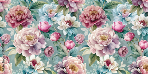 A stunning floral pattern featuring pink and blue peonies on a soft background.