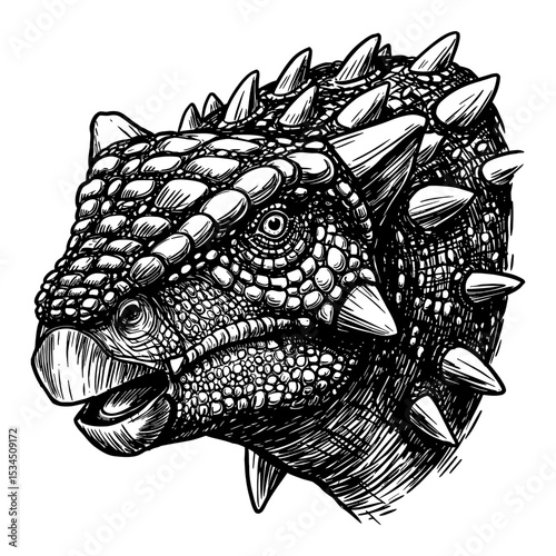 Ankylosaurus Head Portrait Detailed Black and White Outline Line Art Drawing Spiked Dinosaur Engraving
