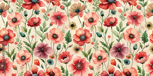 Vibrant floral pattern with assorted flowers in soft tones of pink and red.