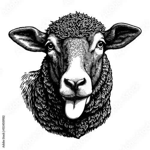 Detailed Black Sheep Face with Tongue Out Front View Black and White Outline Line Art Drawing Engraving Style