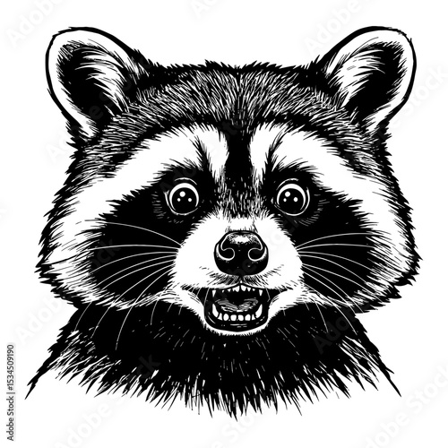 Chonky Raccoon with Very Shocked Expression Front View Black and White Outline Line Art Drawing