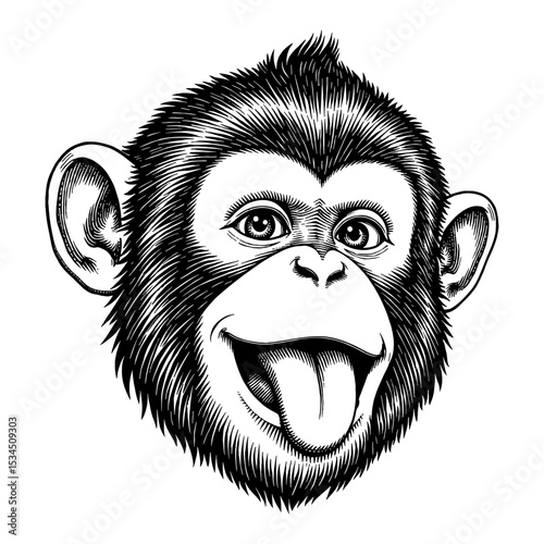 Funny Cute Monkey Face with Tongue Out Black and White Outline Line Art Drawing Engraved Style Front View