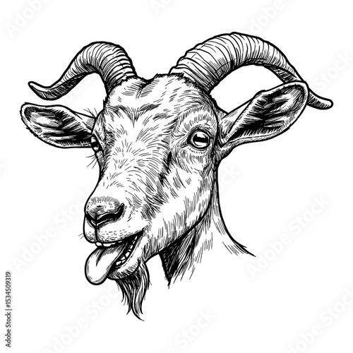 Goat Face with Tongue Sticking Out Black and White Outline Line Art Drawing Detailed Illustration