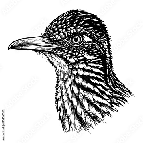 Lesser Roadrunner Geococcyx Velox Head Portrait Side Profile Black and White Outline Line Art Drawing