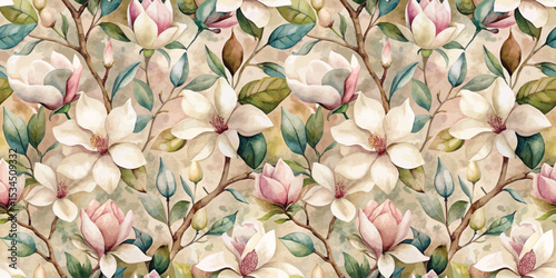 Elegant floral pattern featuring soft magnolia flowers in pastel tones.