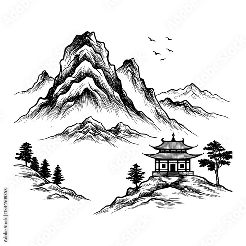 Asian Mountain Nature Landscape View with Pagoda Temple Black and White Outline Line Art Drawing