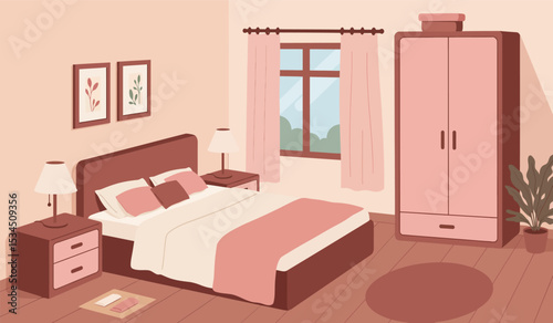 Cozy bedroom interior. Comfort room, flat cartoon living apartment with window. Sleep furniture, modern bed table mirror recent illustration