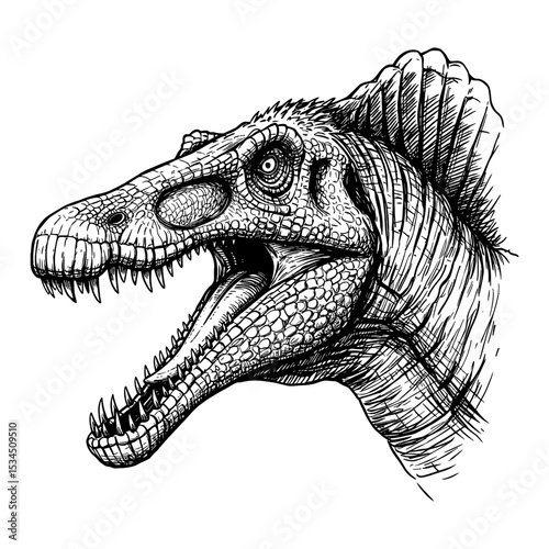 Spinosaurus Head Portrait Detailed Black and White Outline Line Art Drawing of a Prehistoric Dinosaur