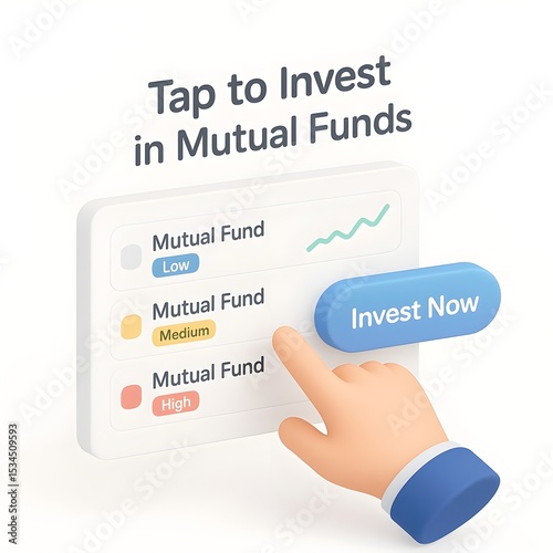 Modern 3D isometric illustration of a mobile investment app showing mutual fund cards with risk levels and a hand tapping to invest. 
