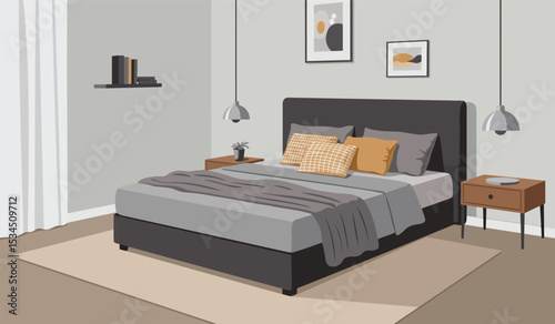 Cozy bedroom interior. Comfort room, flat cartoon living apartment with window. Sleep furniture, modern bed table mirror recent illustration
