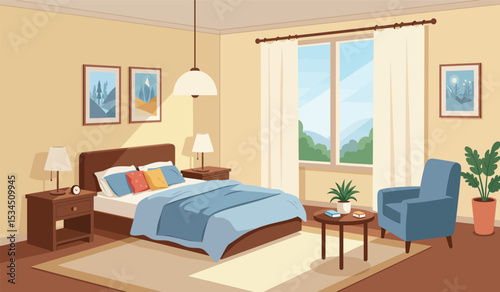 Cozy bedroom interior. Comfort room, flat cartoon living apartment with window. Sleep furniture, modern bed table mirror recent illustration