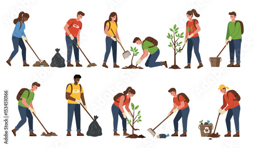 People planting trees and gardening together. Vector illustration