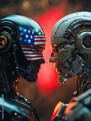 Two robots facing each other, one with a US flag and the other with a Chinese flag on their faces. The image suggests geopolitical tension or technological competition.