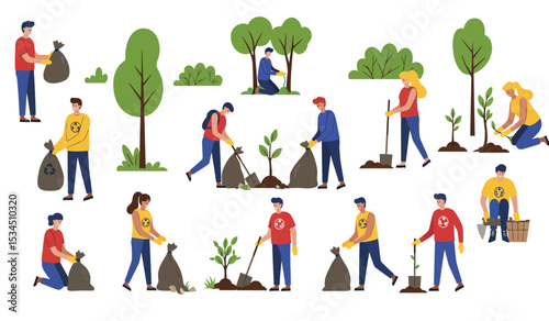 People planting trees and gardening together. Vector illustration