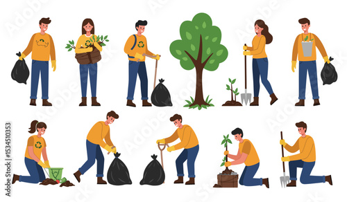 People planting trees and gardening together. Vector illustration