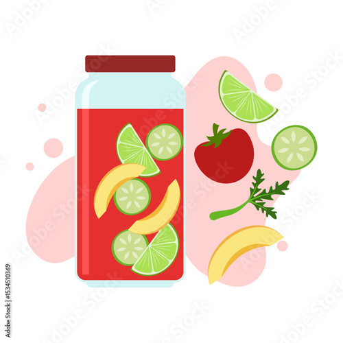 Flat illustrations of fruit juice and beverage containers with colorful labels. Summer cold and soft drinks