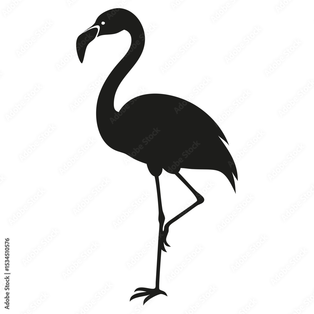 Fototapeta premium Silhouette of a flamingo standing on one leg with its neck curved in an s shape and a white background created with generated ai