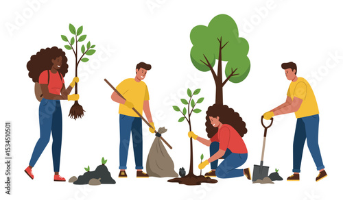 People planting trees and gardening together. Vector illustration