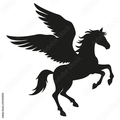 Silhouette of a pegasus rearing up with its wings spread wide against a plain white background view image created with generated ai