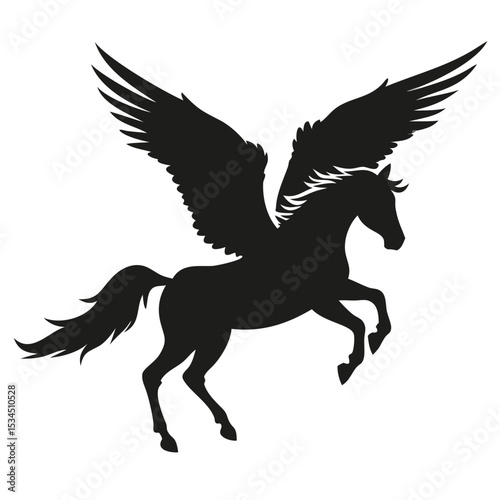 Silhouette of a pegasus with large wings rearing up on its hind legs against a white plain background created with generated ai