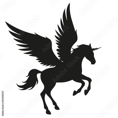 Silhouette of a pegasus unicorn with large wings in a dynamic pose against a white background design created with generated ai