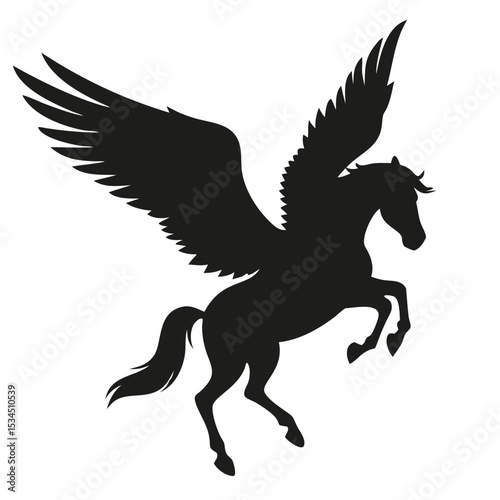 Silhouette of a pegasus rearing up with wings spread wide against a white background in vector format created with generated ai