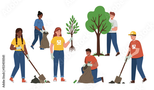 People planting trees and gardening together. Vector illustration