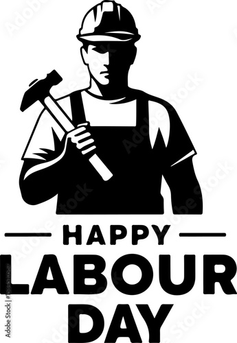 A strong construction worker holding a hammer celebrates Labour Day.