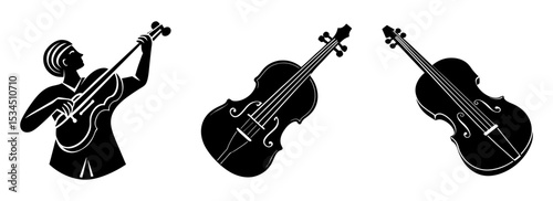 Silhouette set of artistic musical instrument cello player graphic design illustration