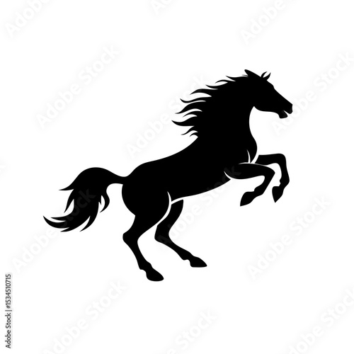 Silhouette of a rearing horse with flowing mane and tail against a white background in a vector graphic created with generated ai