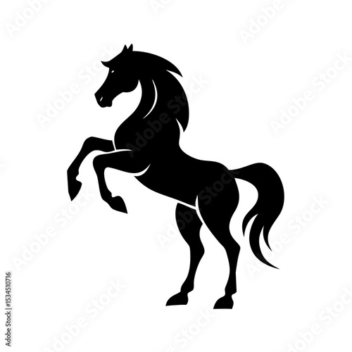 Black silhouette of a horse standing on its hind legs in a rearing position against a white background image created with generated ai