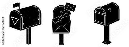 Silhouette set of isolated graphic of mailboxes for receiving letters and correspondence