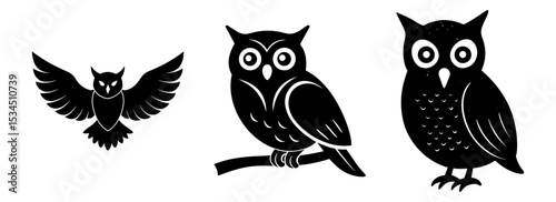 Silhouette set of three owl vector graphic illustration nocturnal birds flying perched art