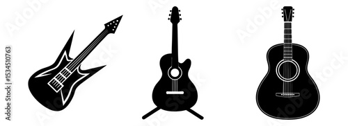 Silhouette set of various stringed instruments electric acoustic guitar music collection