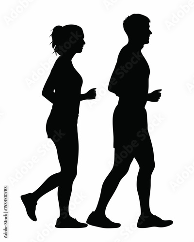 Silhouette of a woman and man jogging side by side in matching dark clothing on a white background created with generated ai