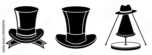 Silhouette set of collection of vintage top hats and fedora for retro fashion accessory design