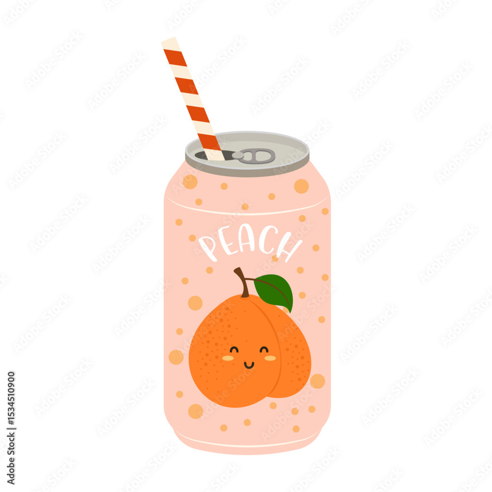 Colorful illustrations of canned and bottled fruit juices with simple designs. Summer cold and soft drinks