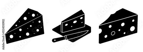 Silhouette set of delicious cheese wedges with holes and knife vector graphic design icon