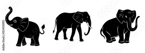 Silhouette set of three african elephants vector illustration wildlife animal drawing art
