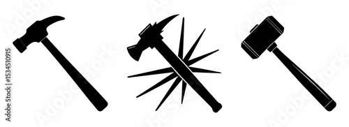 Silhouette set of various types of hand tools hammer axe and sledgehammer vector graphic