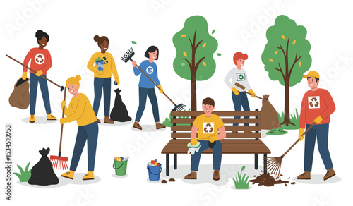 People planting trees and gardening together. Vector illustration