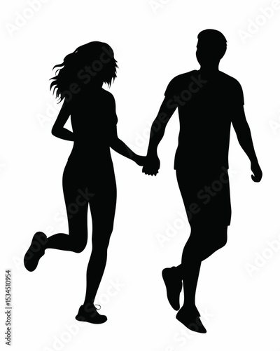 Silhouette of a man and woman holding hands and running together in a playful and energetic manner outdoors created with generated ai