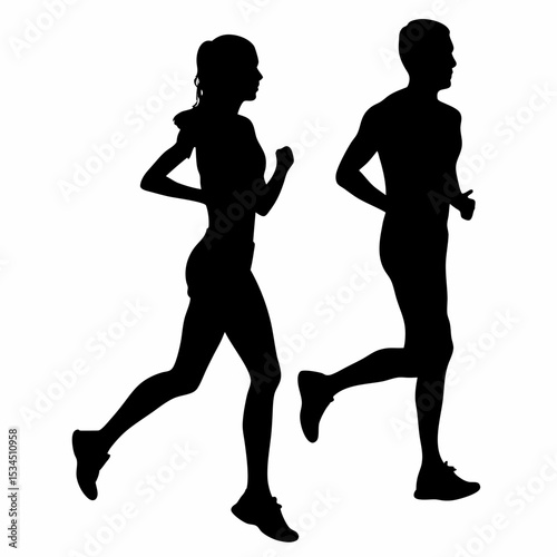 Silhouette of a woman and a man running side by side in athletic gear on a white background design image created with generated ai